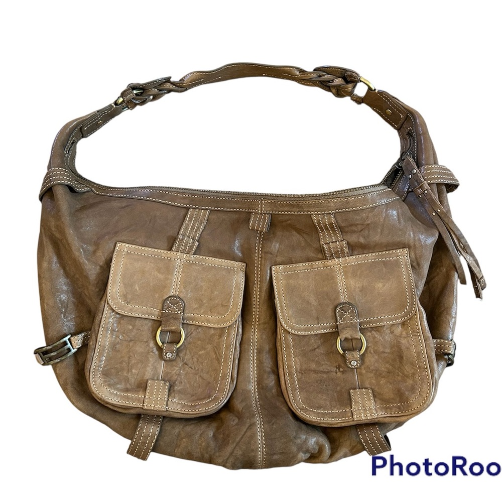 Hayden Harnett taupe gray brown lamb leather oversize crescent circle hobo vtg